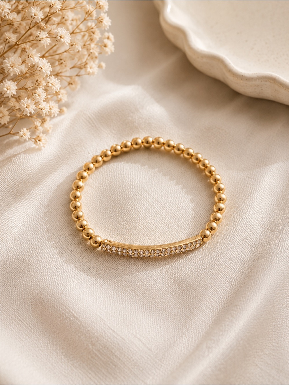 Gold Beaded Pavé Bar Stretch Bracelet - Women Jewelry